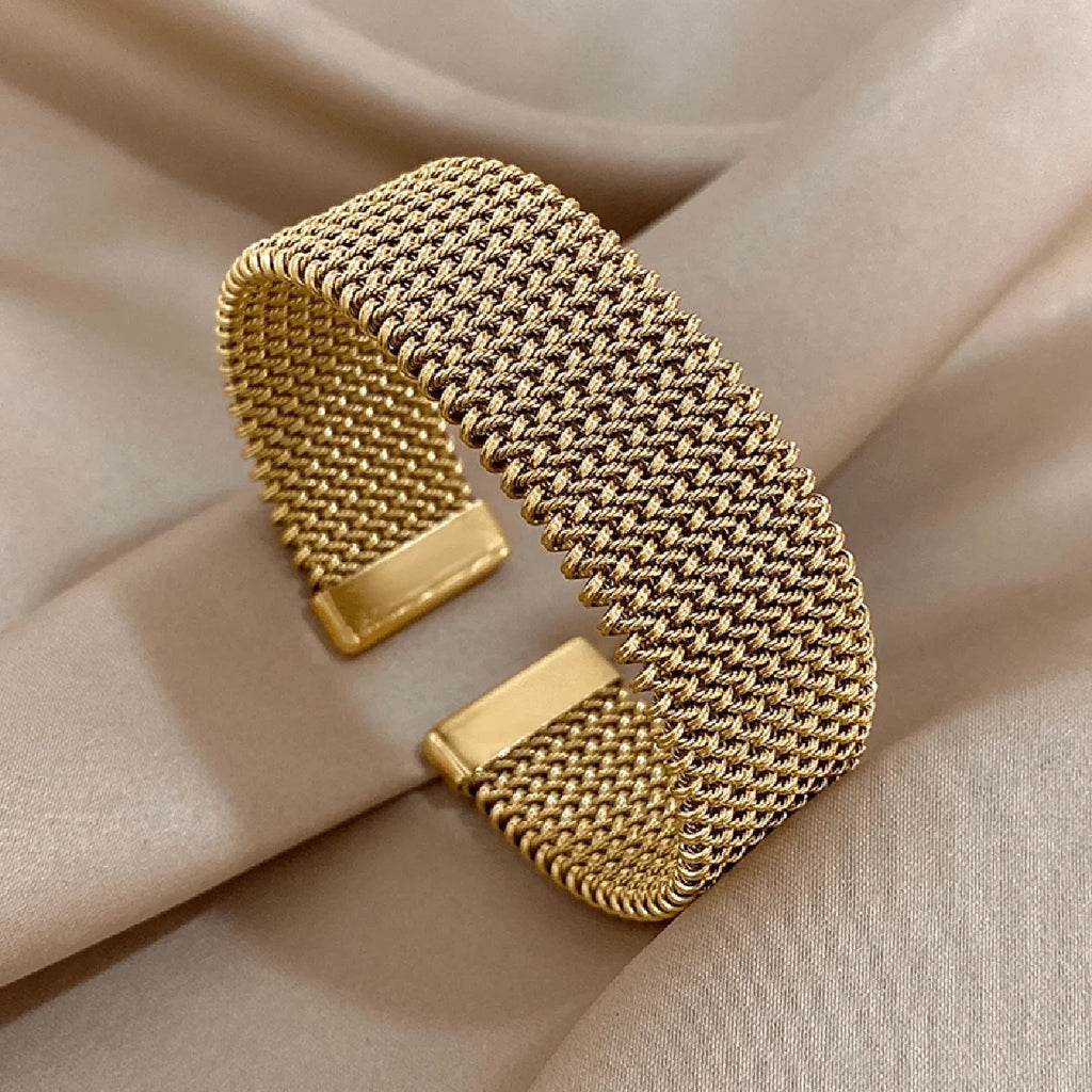 18K Gold Plated Braided Mesh Open Bracelet
