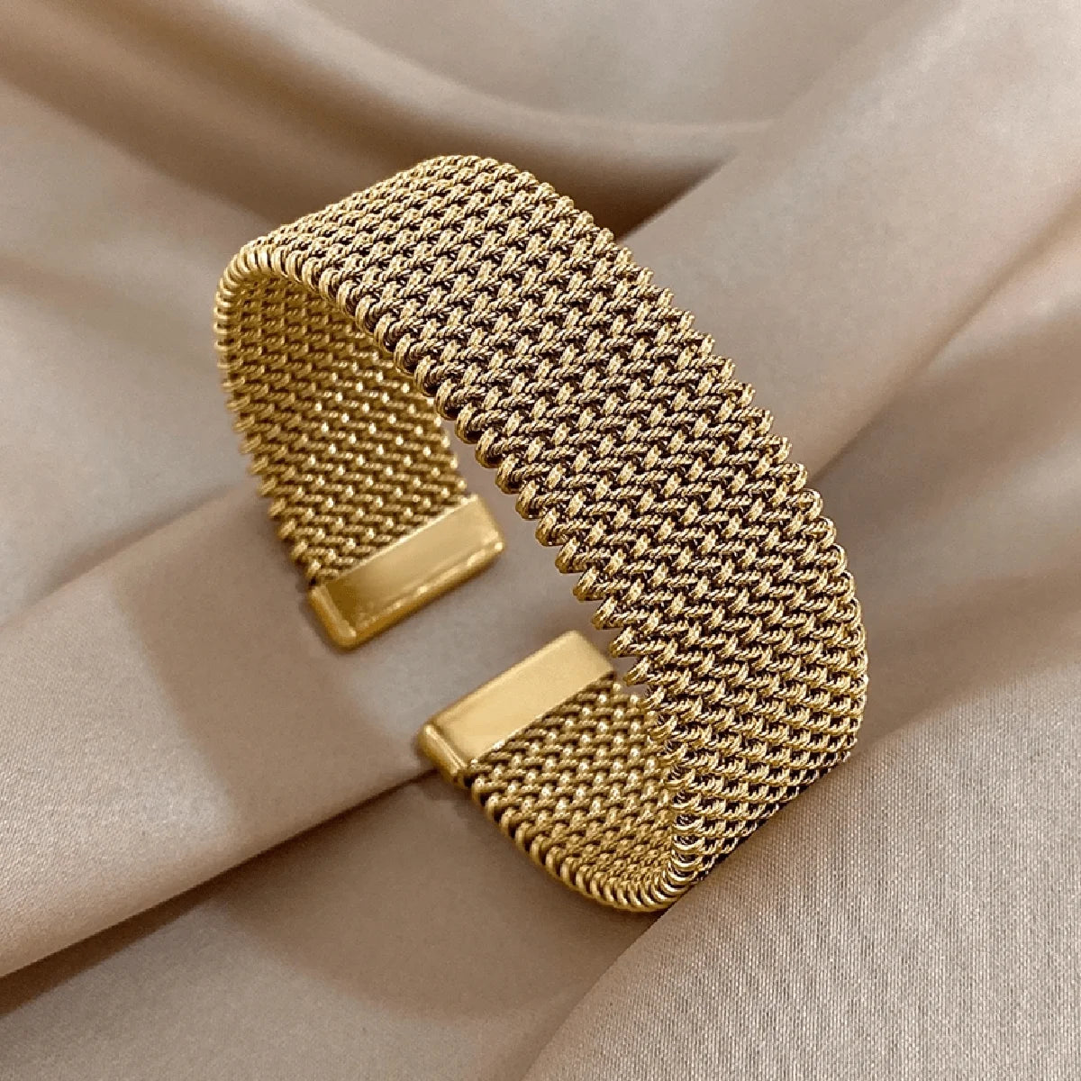 18K Gold Plated Braided Mesh Open Bracelet