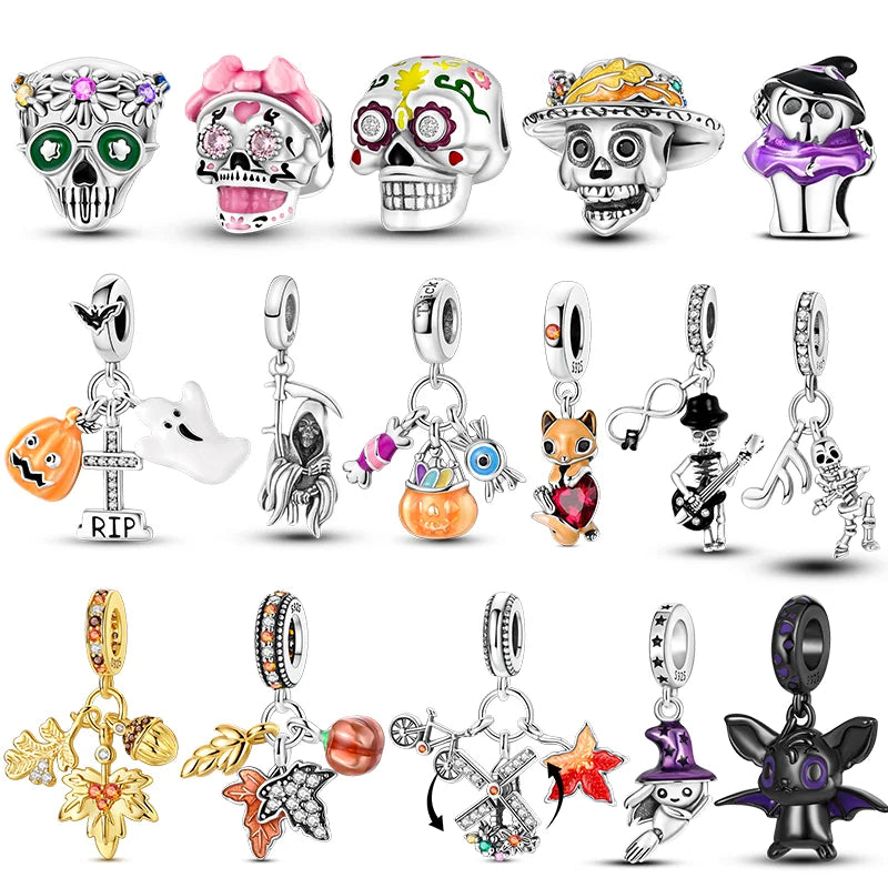 925 Sterling Silver Halloween Pumpkin & Skull Charm Bead