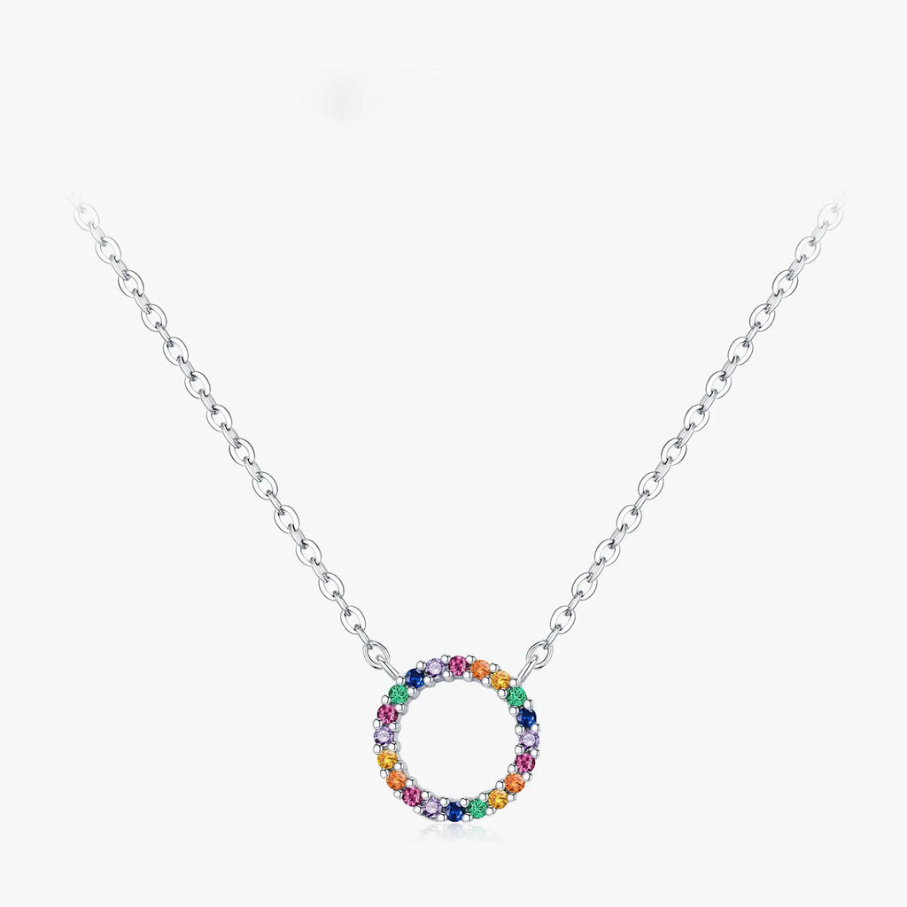 925 Sterling Silver Colorful CZ Circle Pendant Necklace