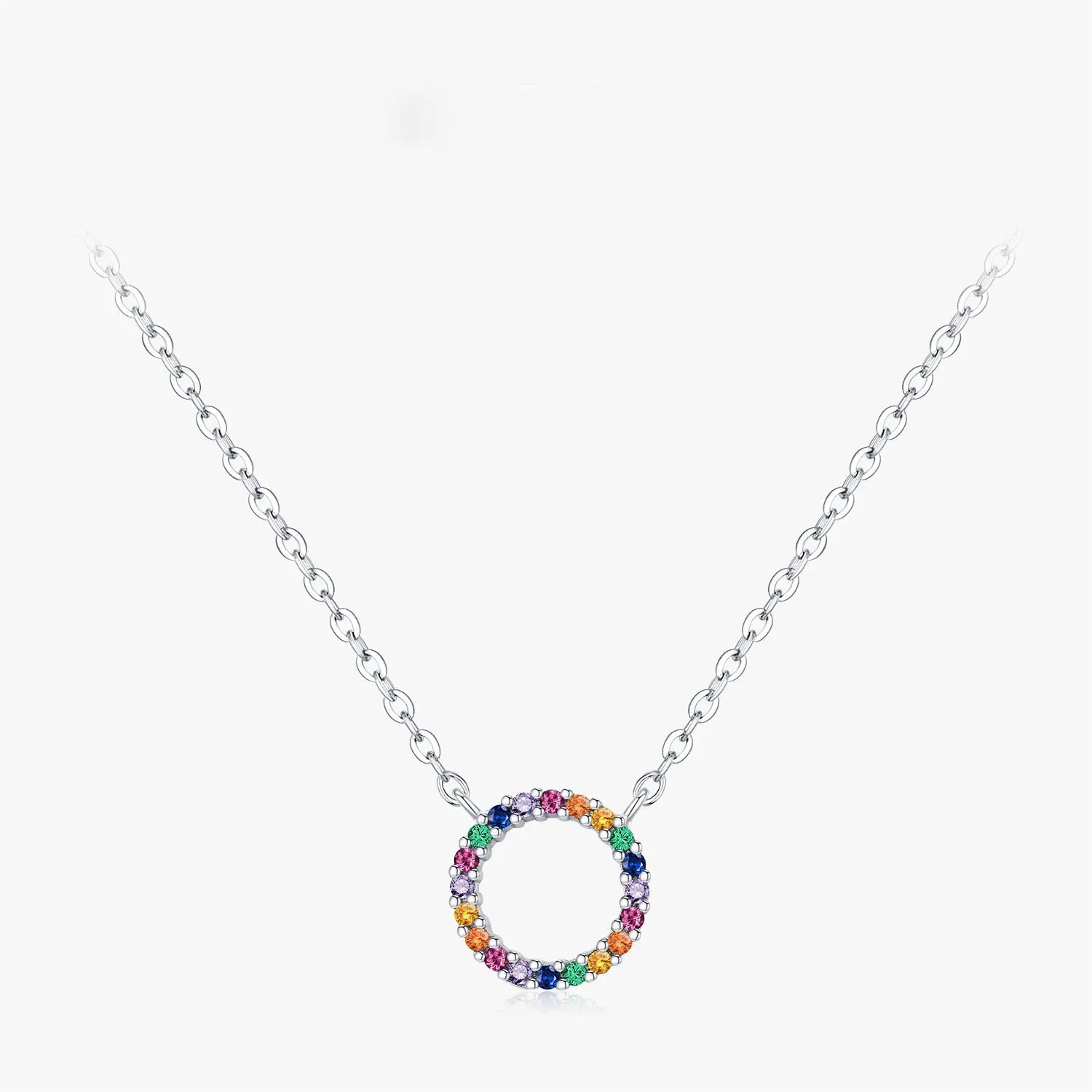 925 Sterling Silver Colorful CZ Circle Pendant Necklace