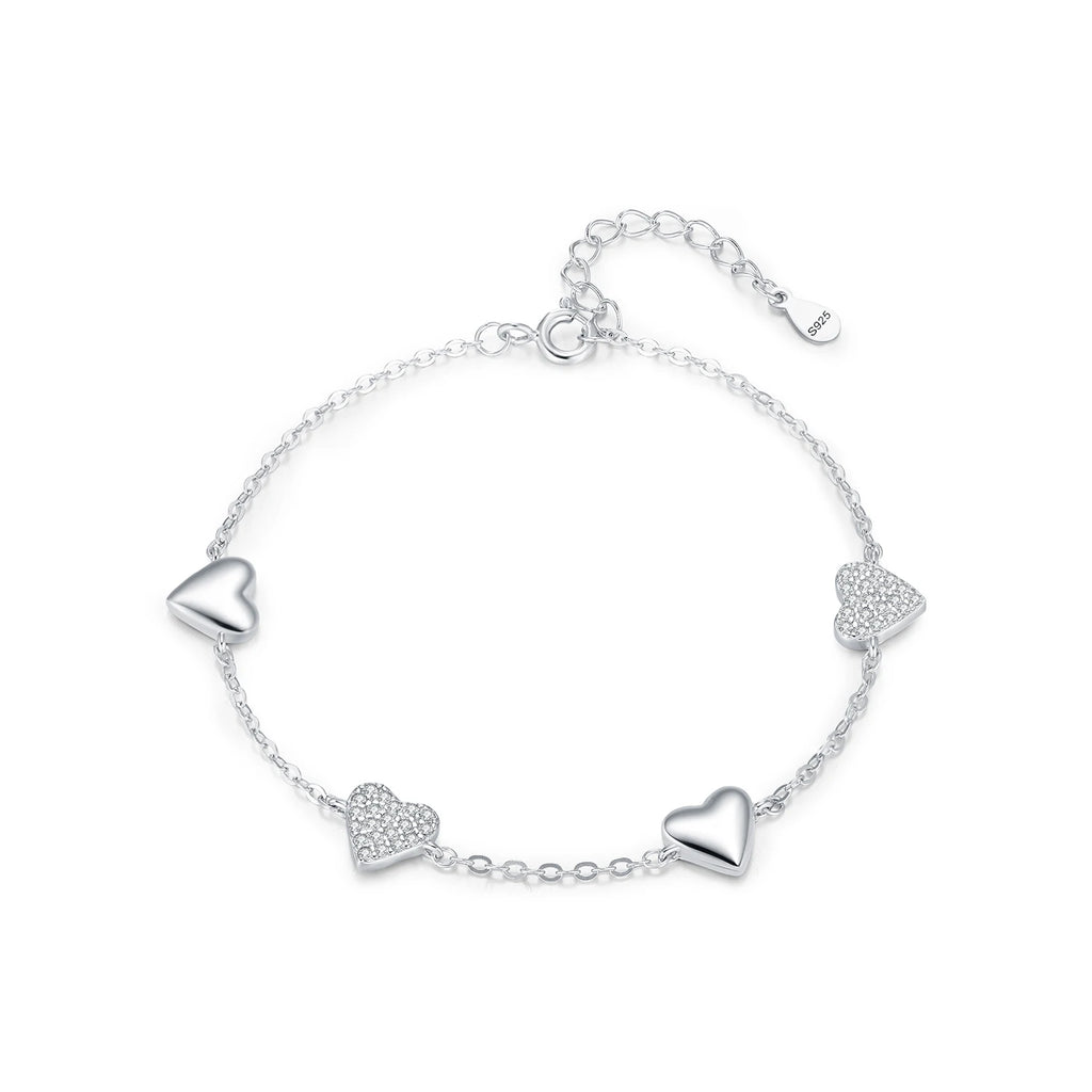 925 Sterling Silver Zirconia Hearts Bracelet