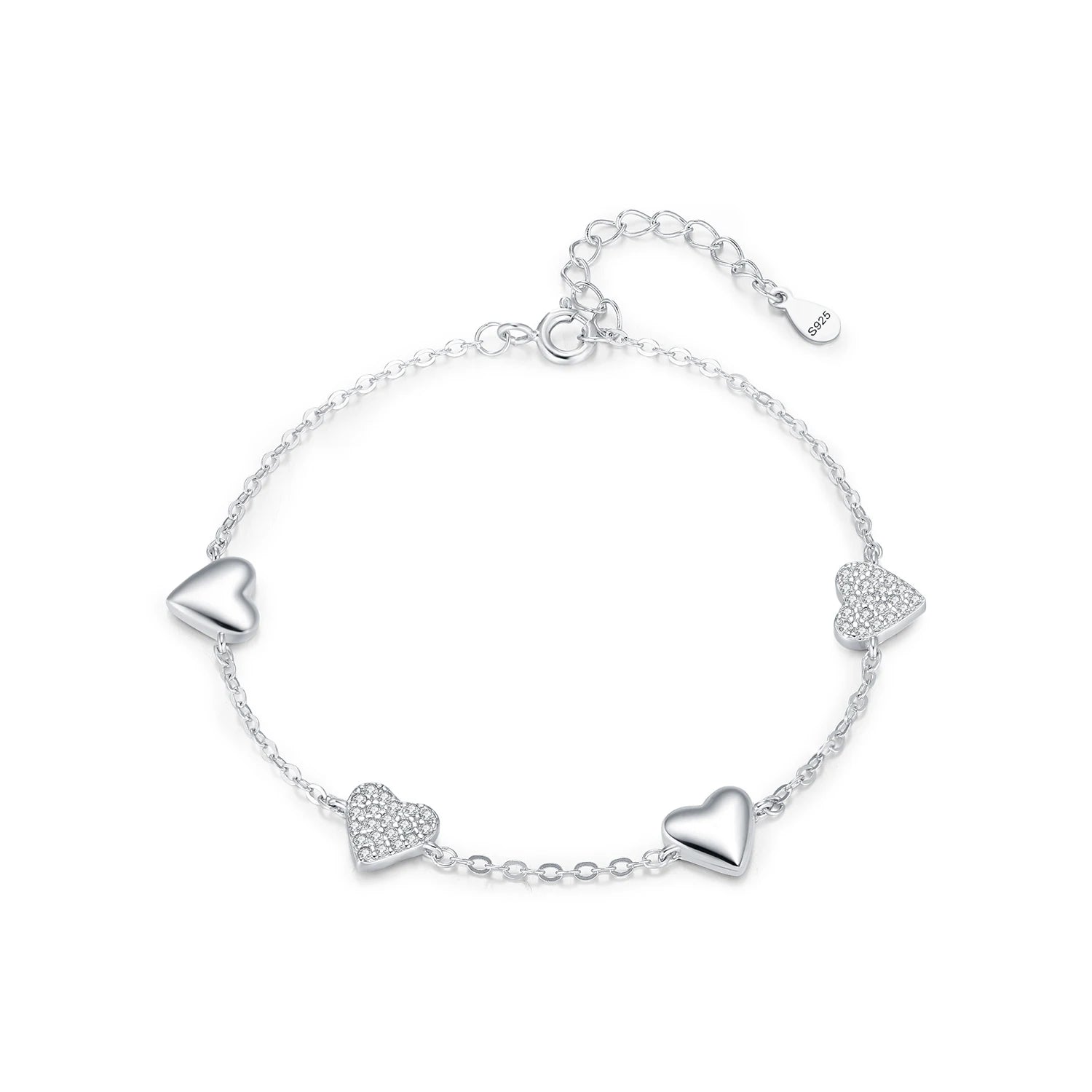 925 Sterling Silver Zirconia Hearts Bracelet