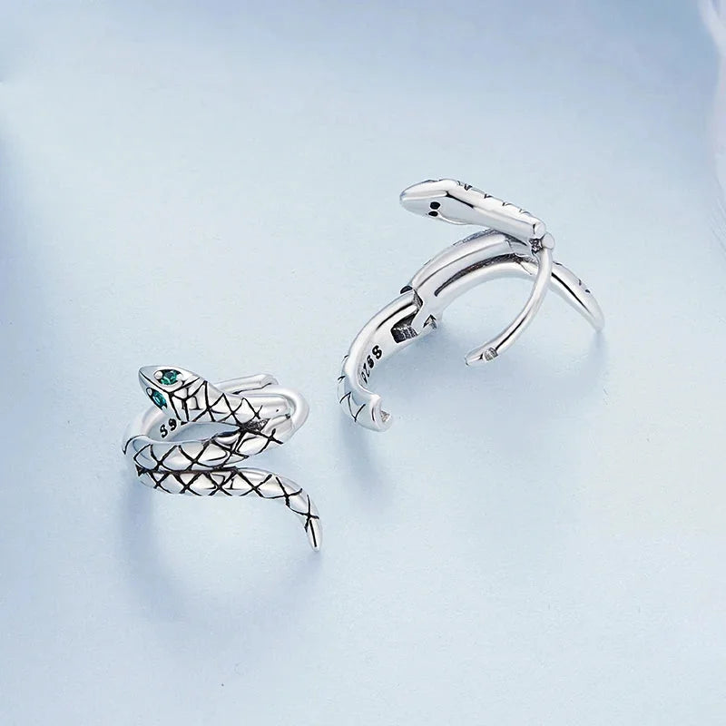 925 Sterling Silver Green Zircon Snake Hoop Earrings