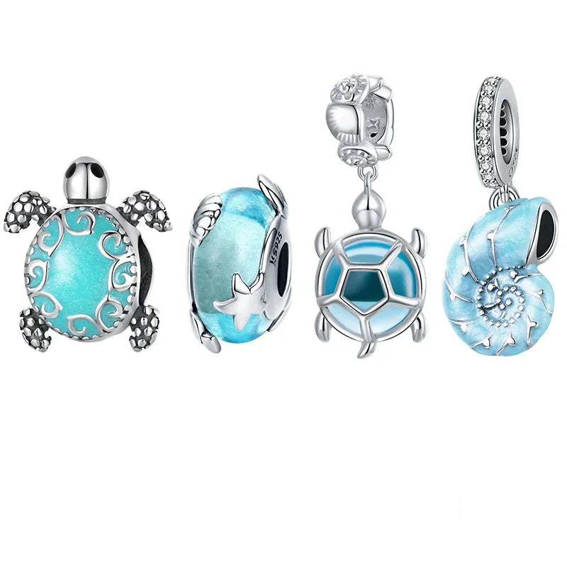 925 Sterling Silver Ocean Conch & Green Turtle Charm