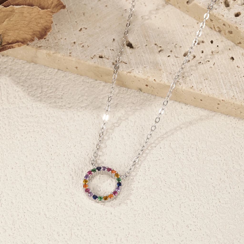 925 Sterling Silver Colorful CZ Circle Pendant Necklace