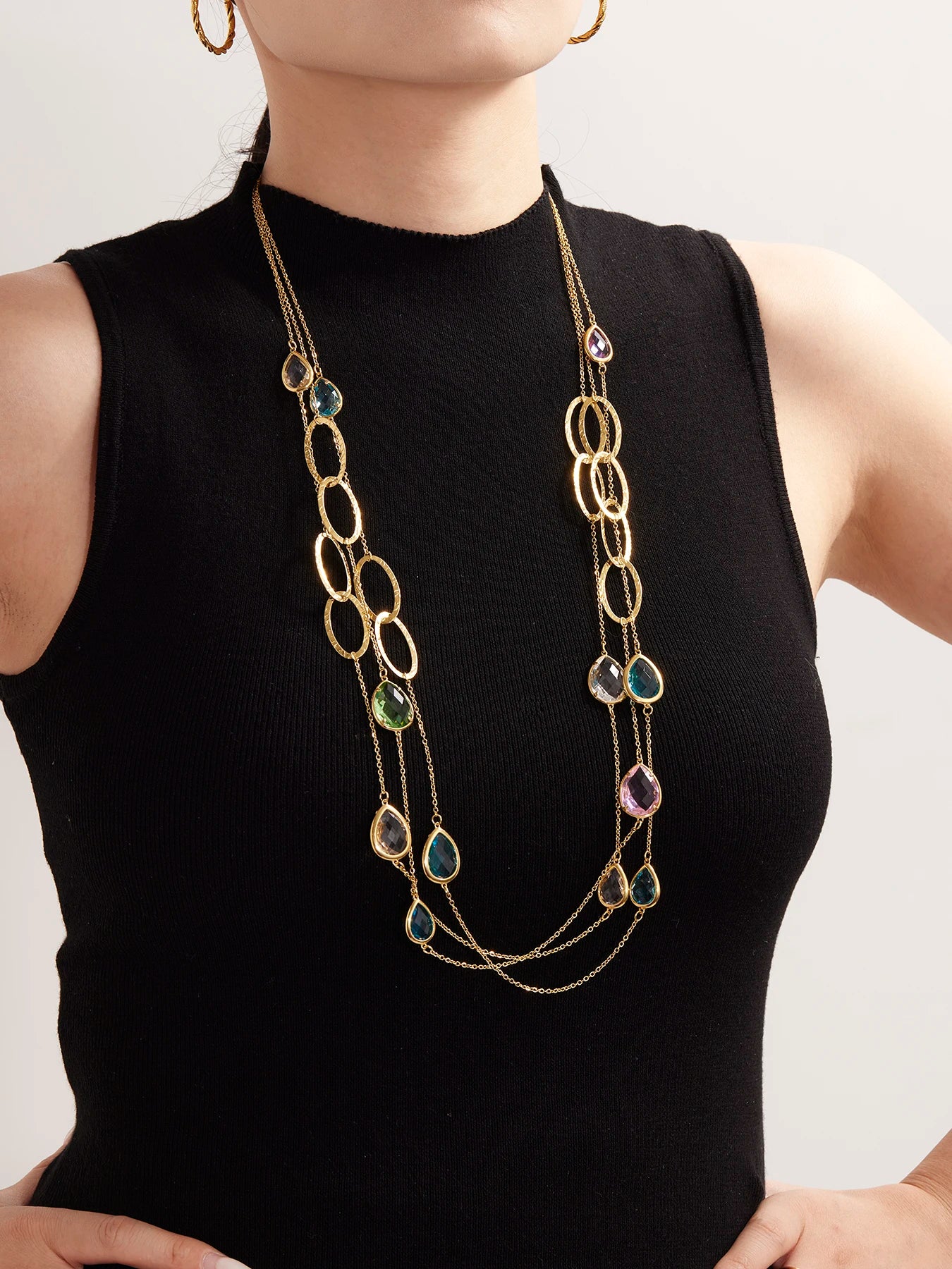 18K Gold Plated Long Sweater Chain Necklace with Faceted Glass Droplet Pendant