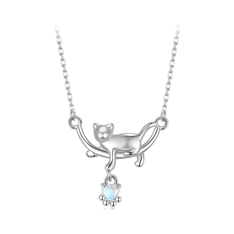 925 Sterling Silver Cute Cat Moon Pendant Necklace