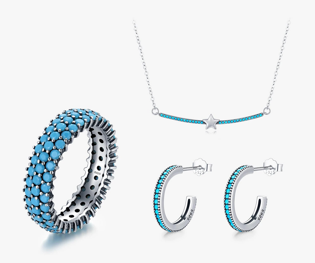 925 Sterling Silver Bohemian Style Turquoise Rings Necklaces Pendant Jewelry Sets