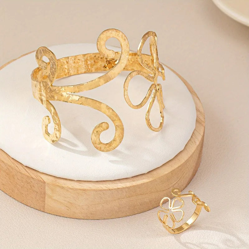 Elegant Adjustable Hollow Flower Bangle & Ring Set