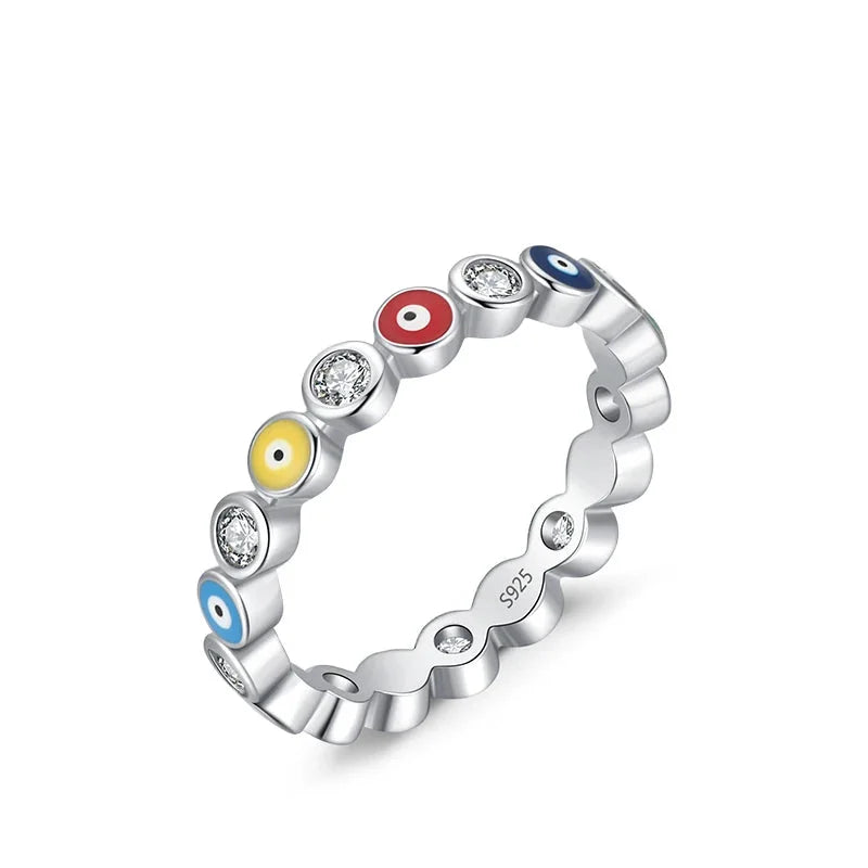 925 Sterling Silver Rainbow Enamel Eye CZ Ring