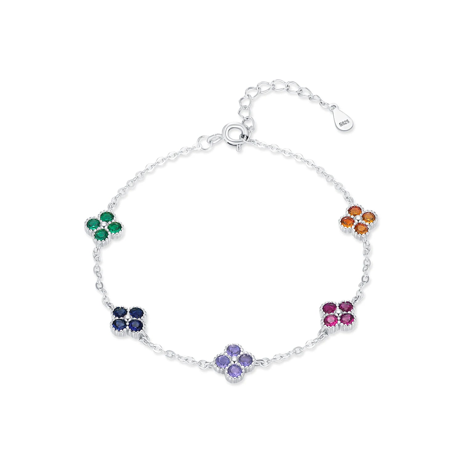 925 Sterling Silver Four-Leaf Clover Colorful CZ Bracelet