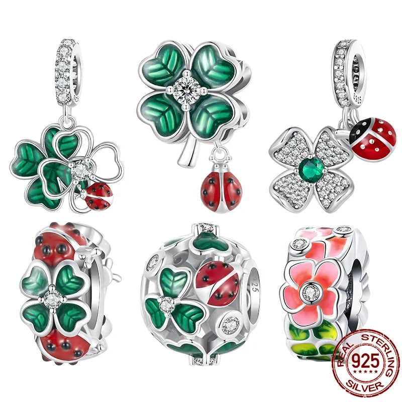 925 Sterling Silver Four-Leaf Clover & Ladybug Charm