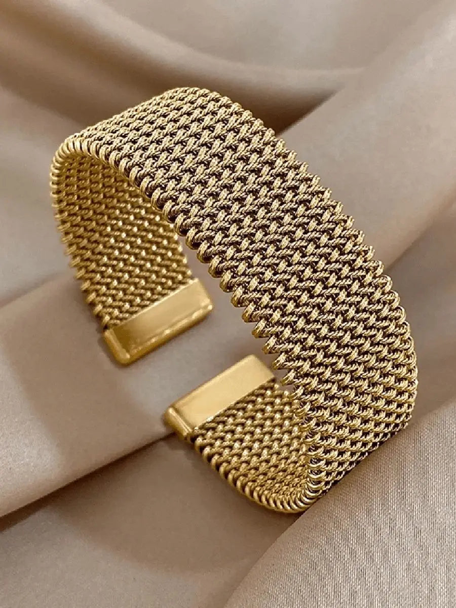 18K Gold Plated Braided Mesh Open Bracelet