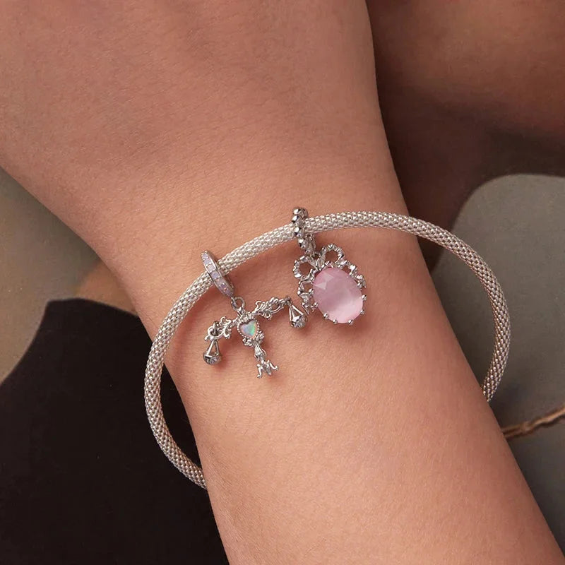 925 Sterling Silver Pink Cherry Bow Charm