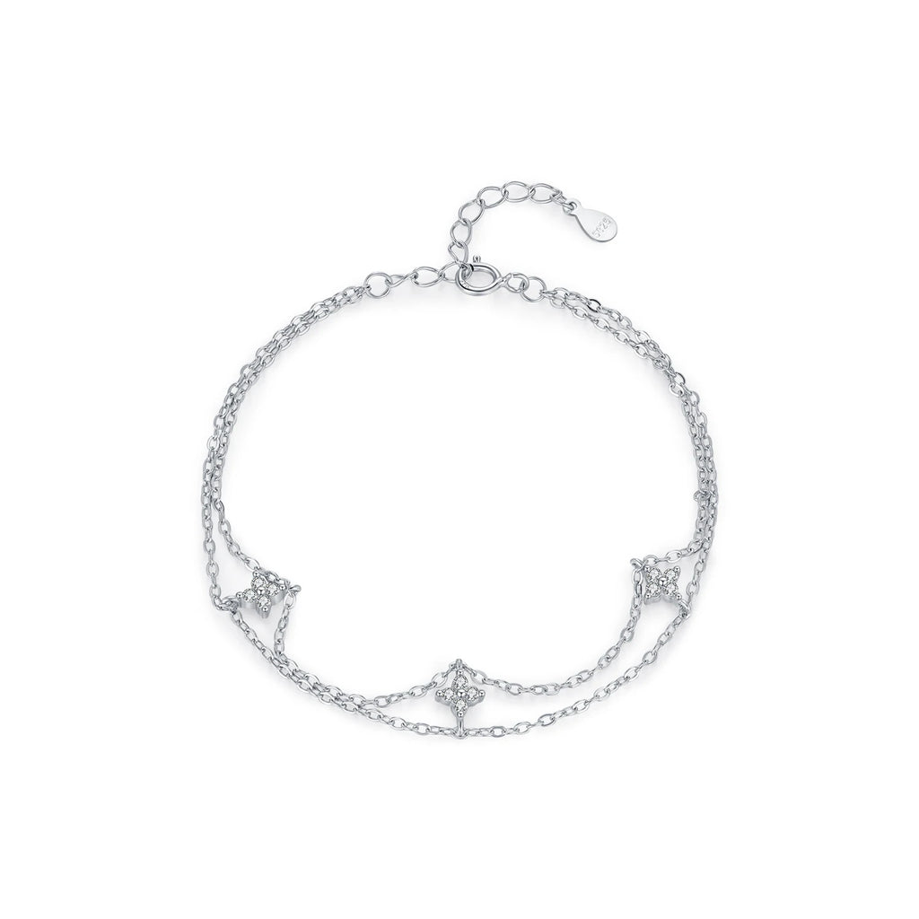 925 Sterling Silver Double Layer Four Leaf Clover Bracelet