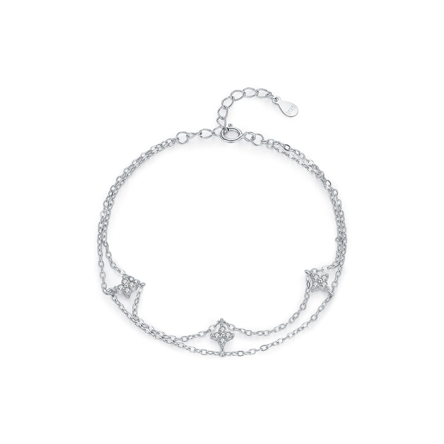 925 Sterling Silver Double Layer Four Leaf Clover Bracelet