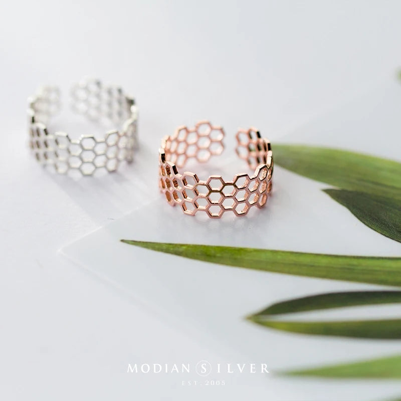 925 Sterling Silver Honeycomb Open Adjustable Ring