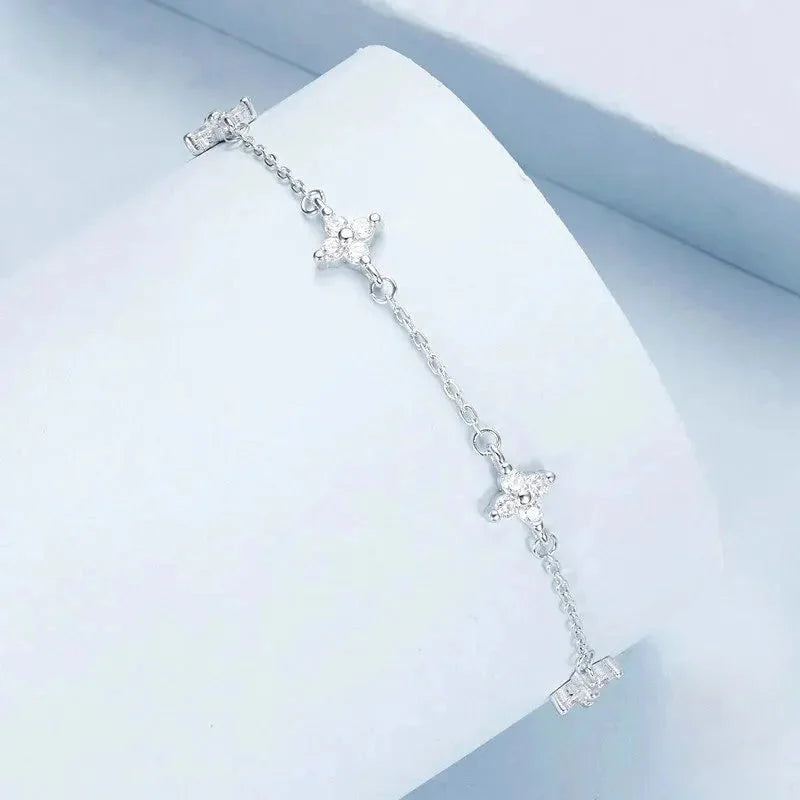 925 Sterling Silver Four-Leaf Clover CZ Anklet