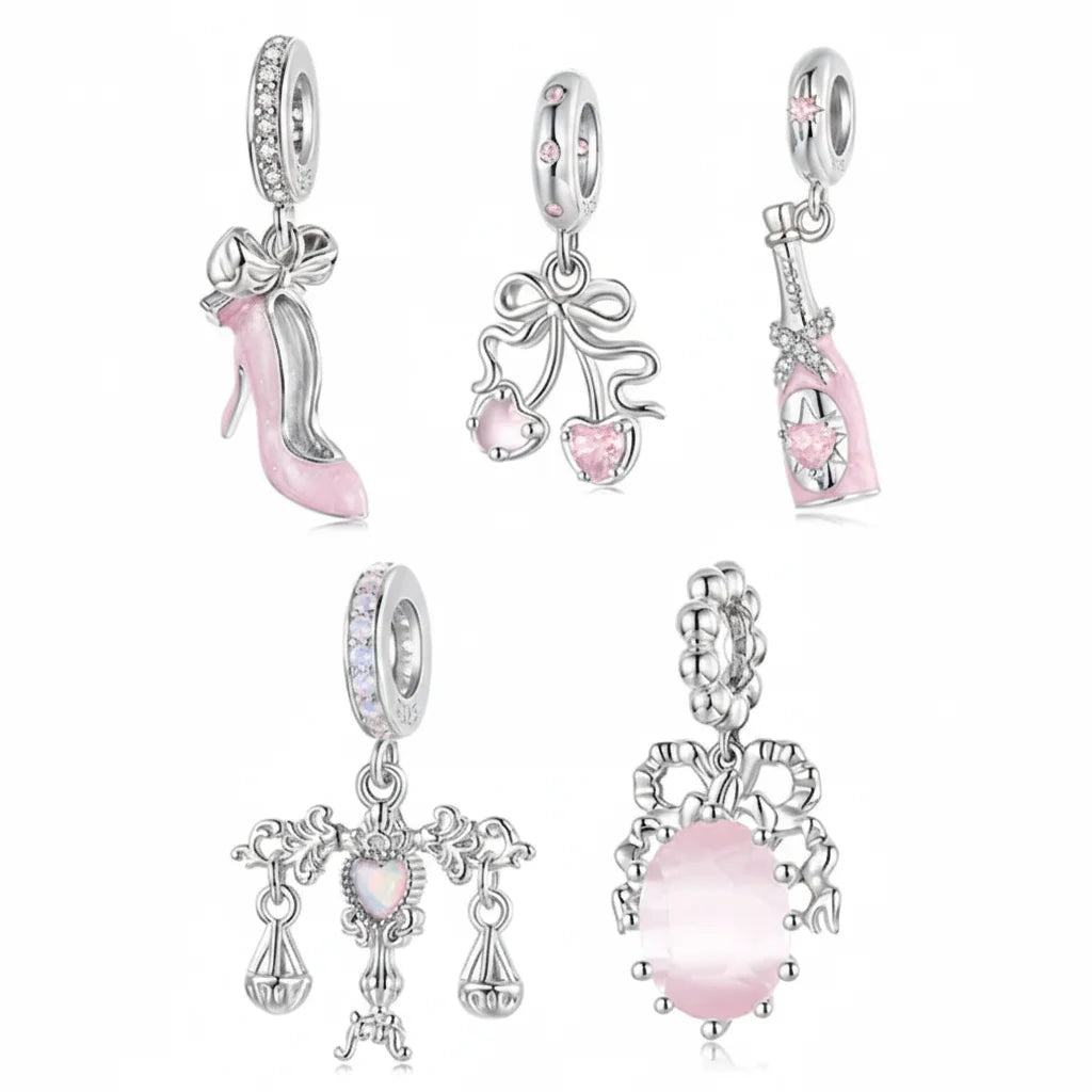 925 Sterling Silver Pink Cherry Bow Charm