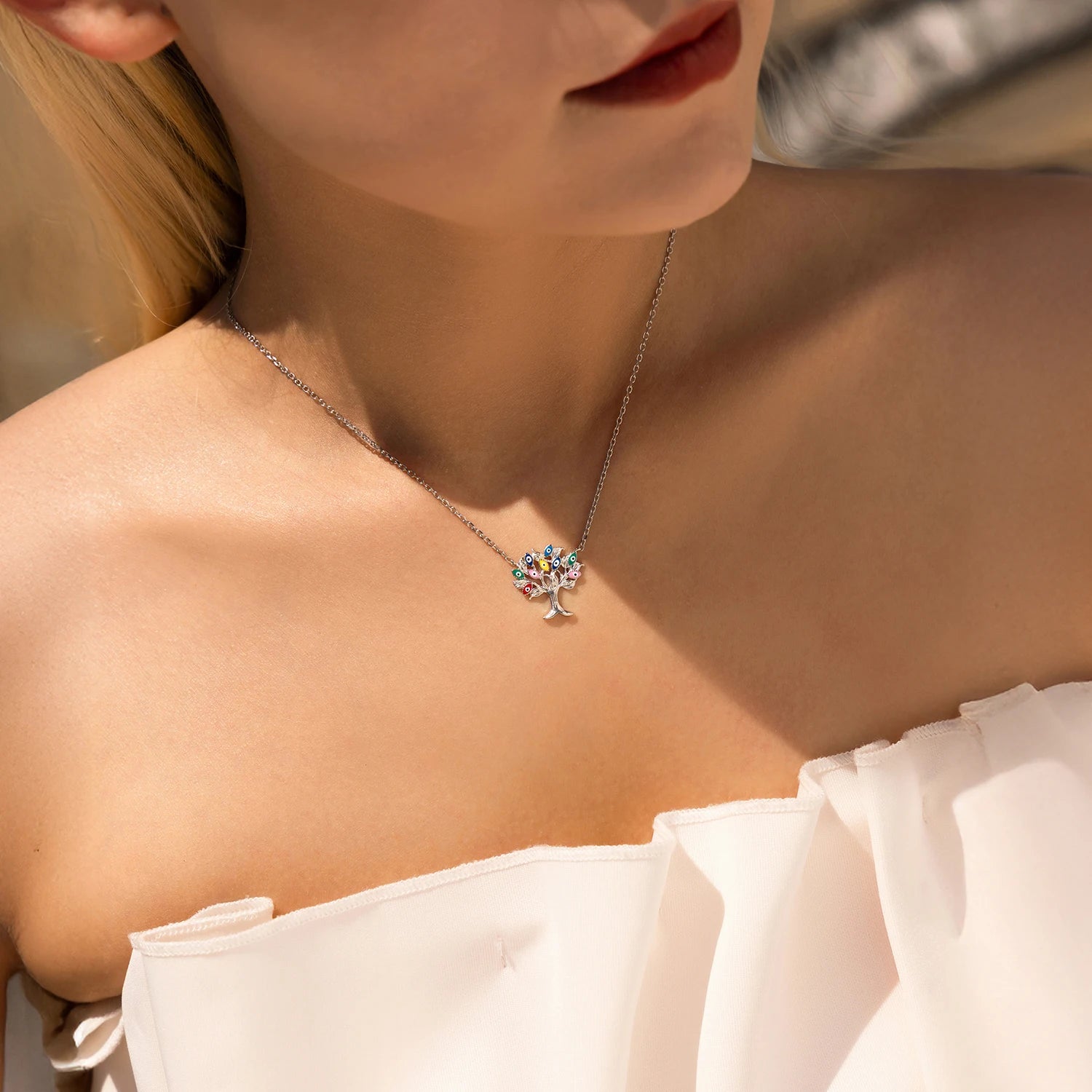 925 Sterling Silver Enamel Eye Tree Pendant Necklace