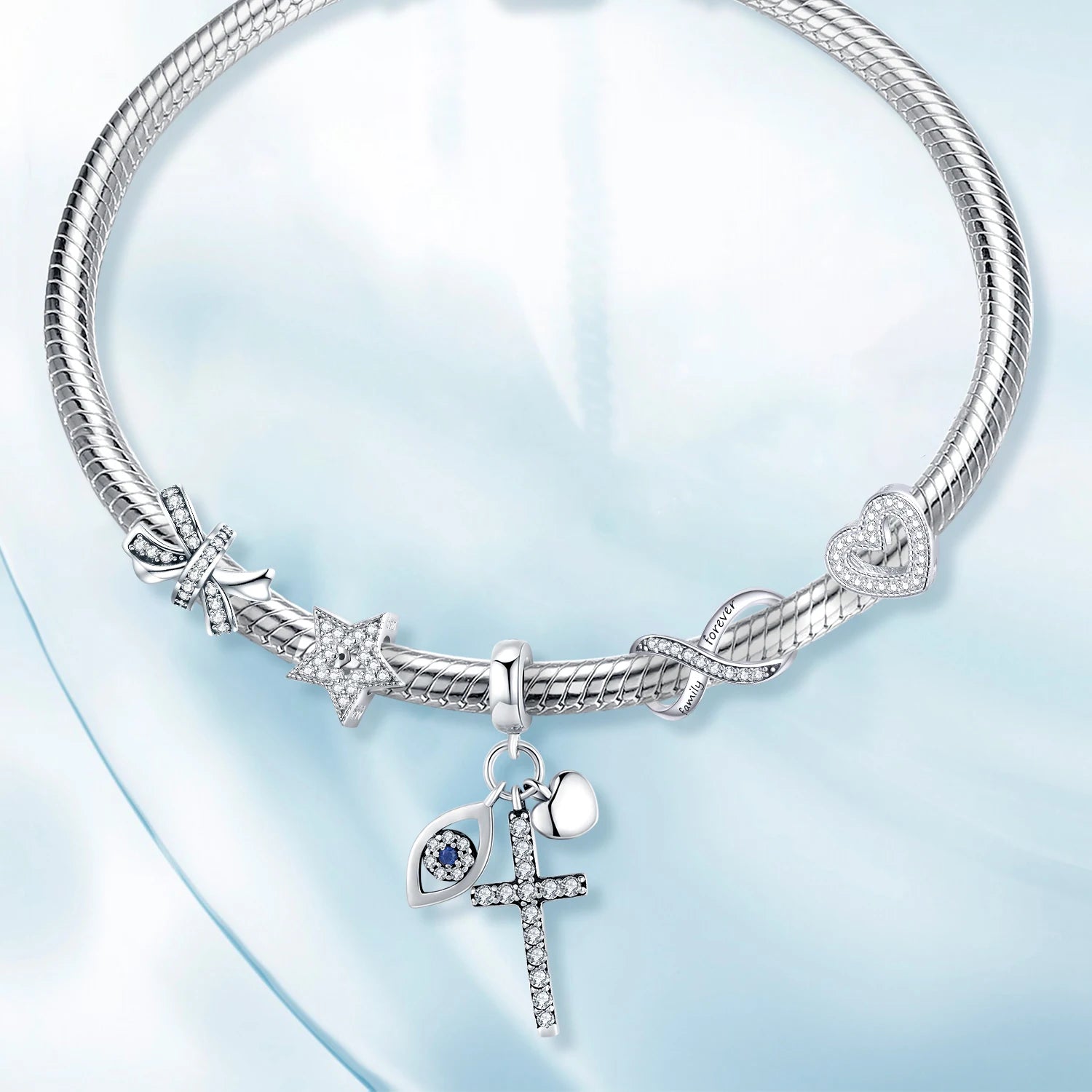 925 Sterling Silver Family Heart Cross Charm