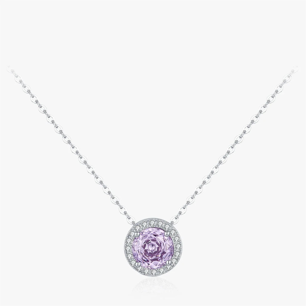 925 Sterling Silver Lavender Zirconia Round Pendant Necklace