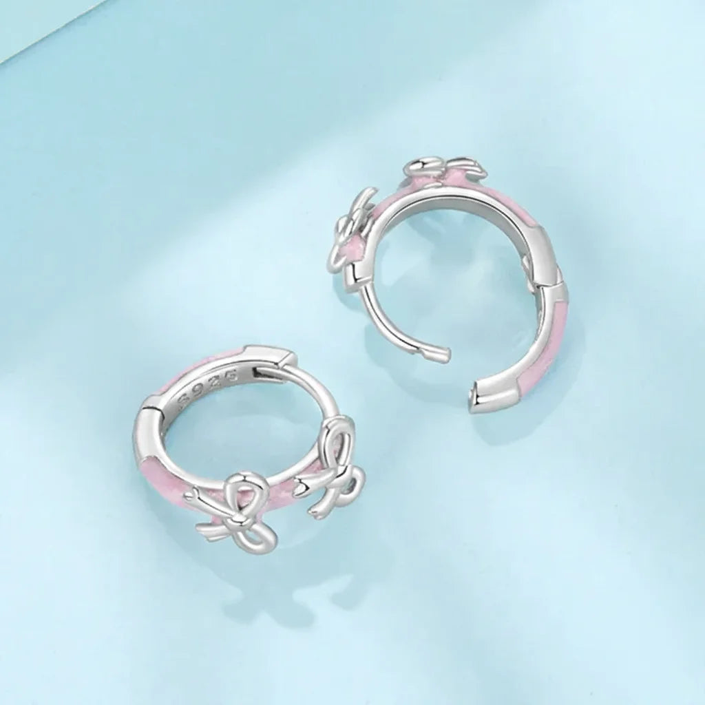 925 Sterling Silver Pink Bow Hoop Earrings