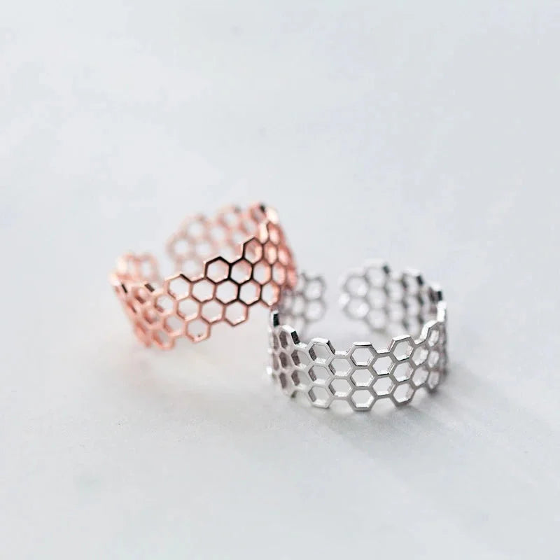 925 Sterling Silver Honeycomb Open Adjustable Ring