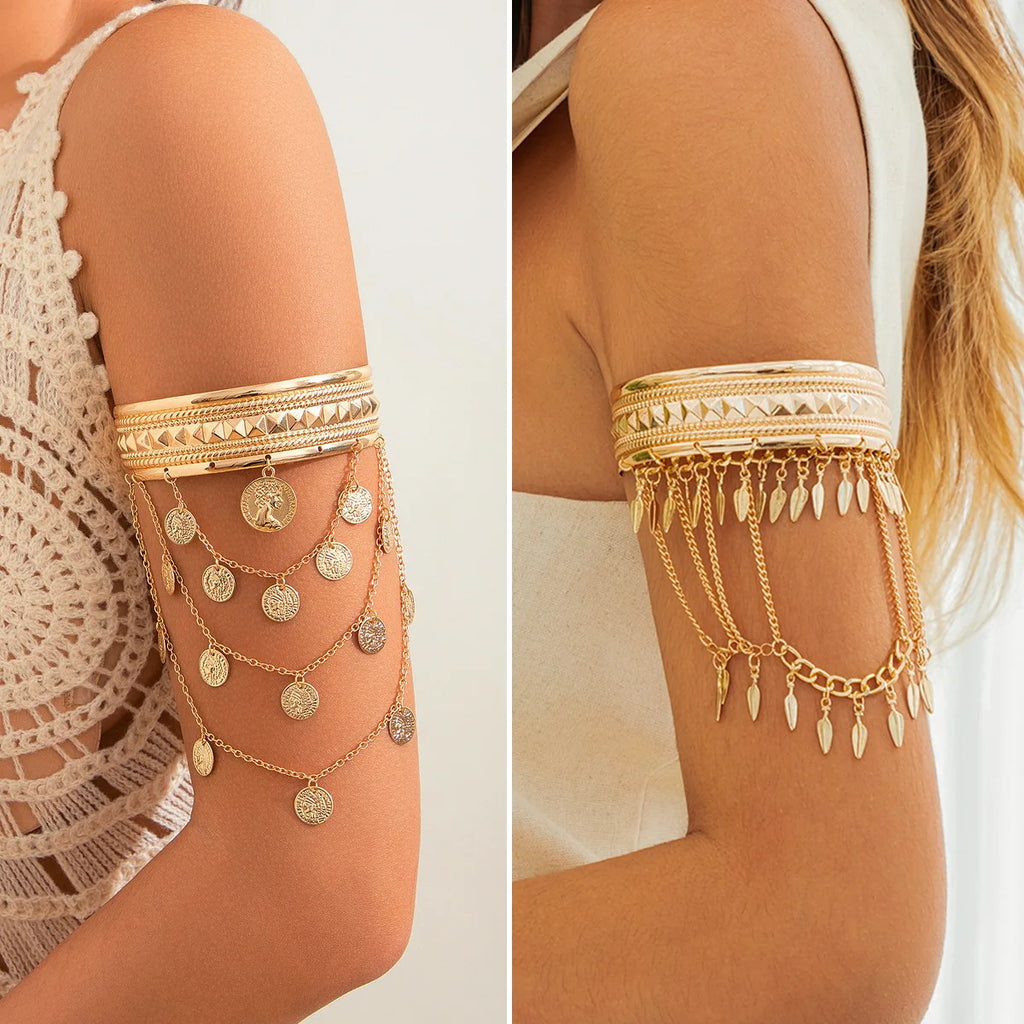 Gold Coin & Leaf Tassel Upper Arm Bracelet