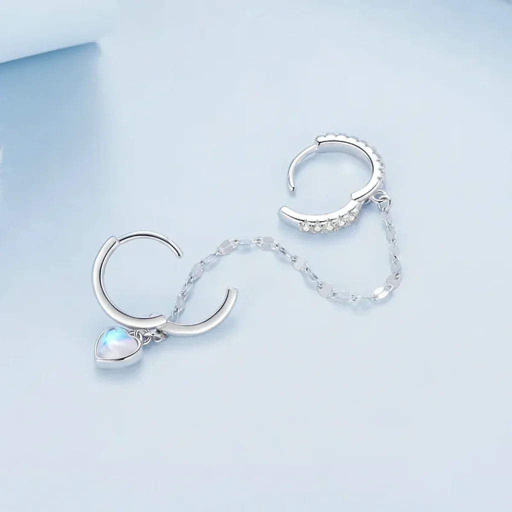 925 Sterling Silver Heart Moonstone Tassel Hoop Earrings