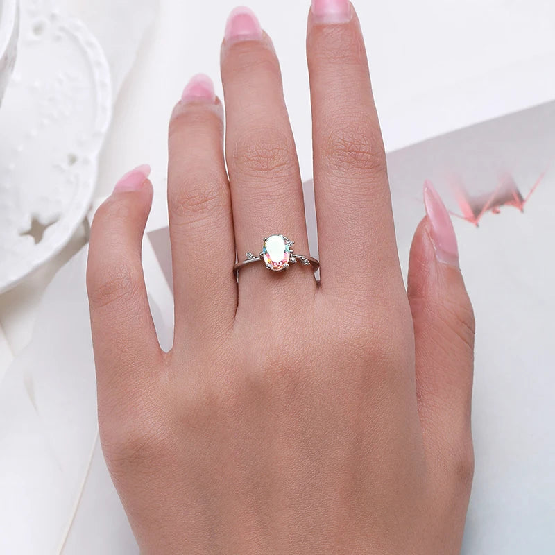 925 Sterling Silver Oval Rainbow Zirconia Jewelry Set (Ring, Earrings & Necklace)