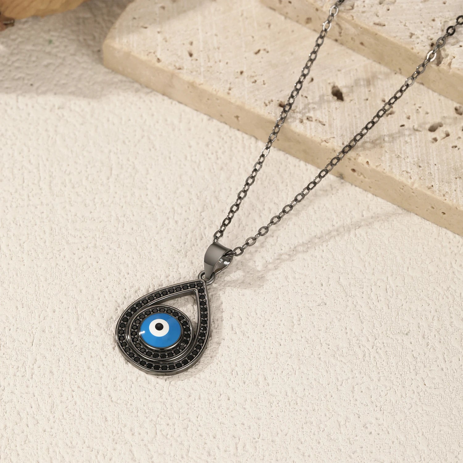 925 Sterling Silver Black Zirconia Water Drop Eye Necklace