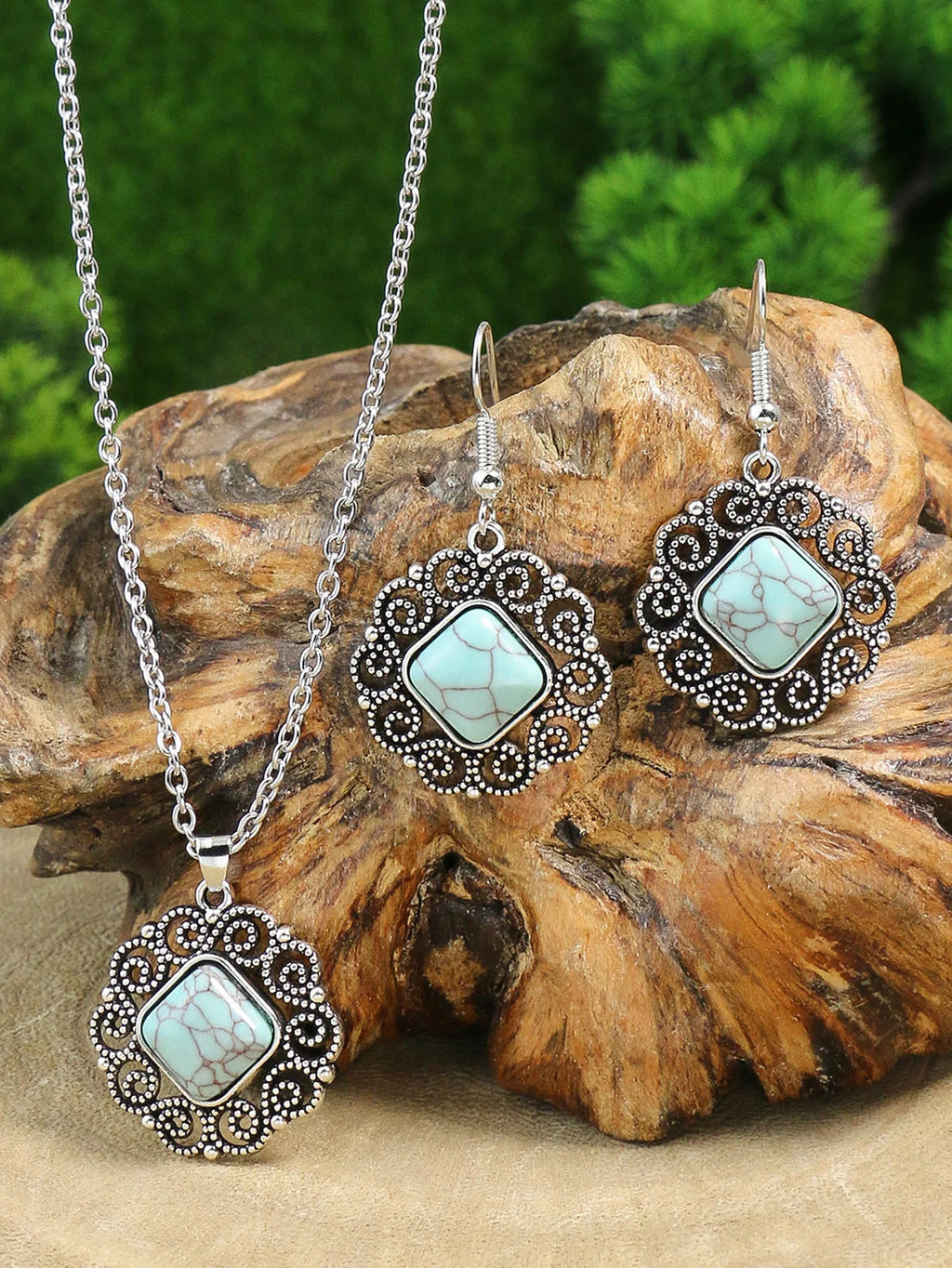 Classic Silver Geometric Stone Necklace & Earrings Set