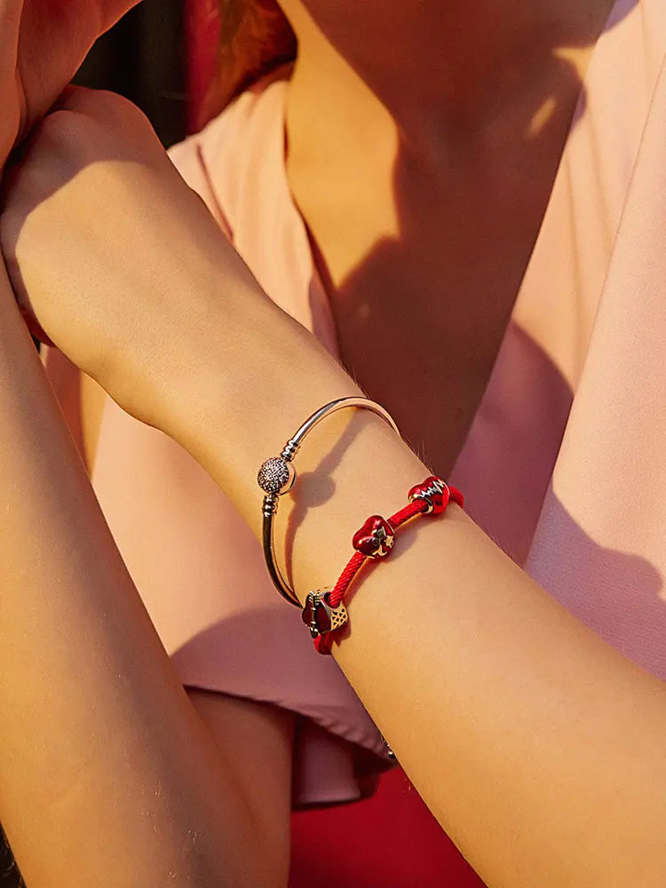 925 Sterling Silver Red Rope Enamel Charm Bracelet