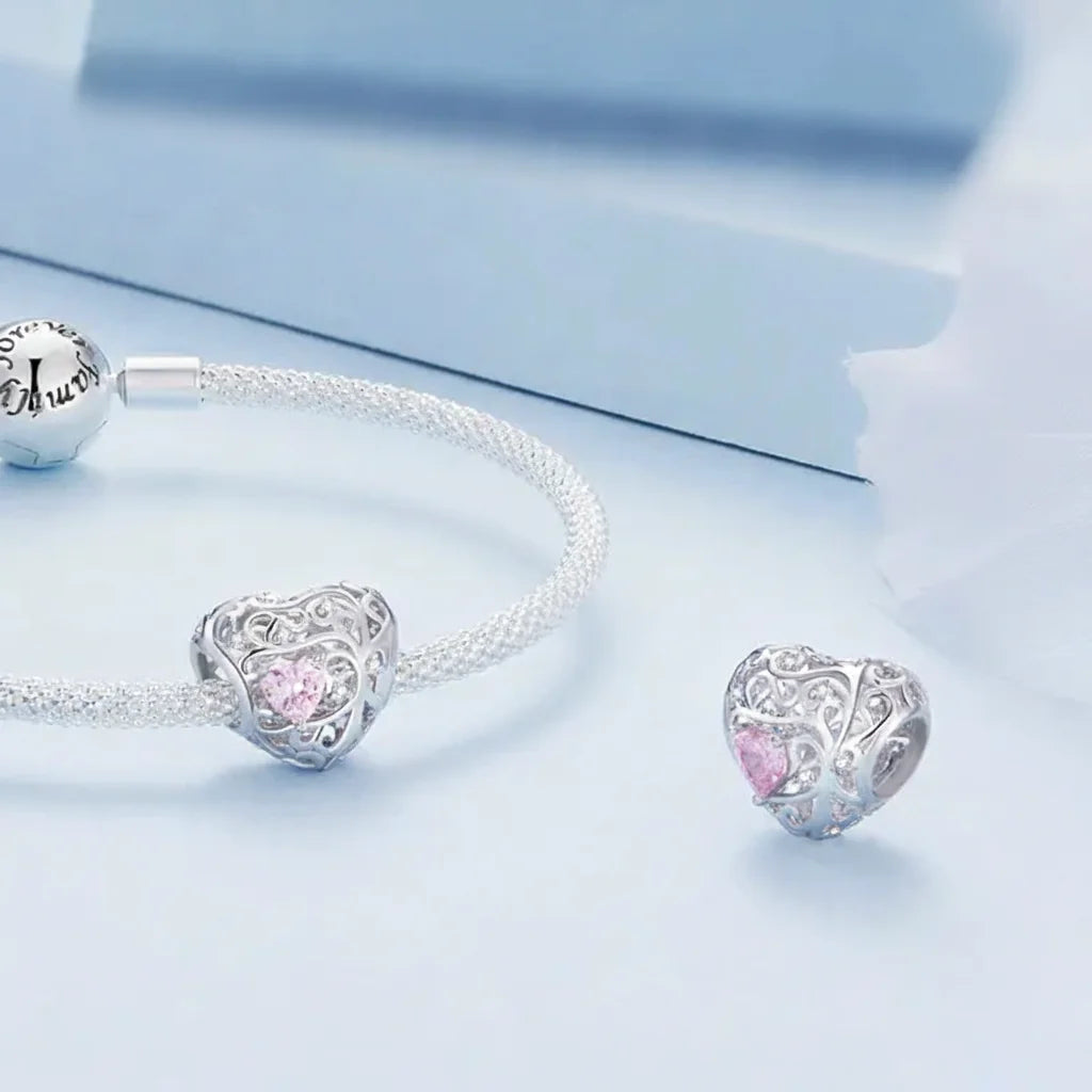 925 Sterling Silver Pink Zircon Vine Heart Charm