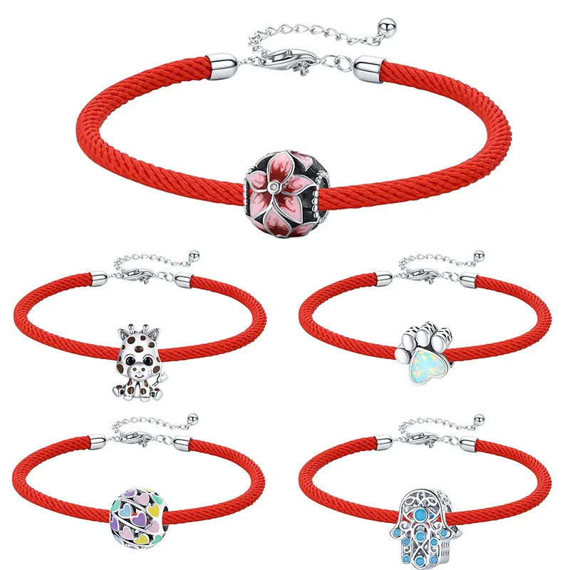 925 Sterling Silver Red Rope Enamel Charm Bracelet