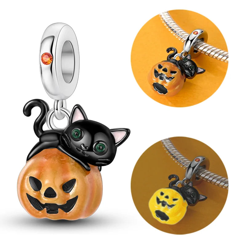 925 Sterling Silver Halloween Pumpkin & Skull Charm Bead