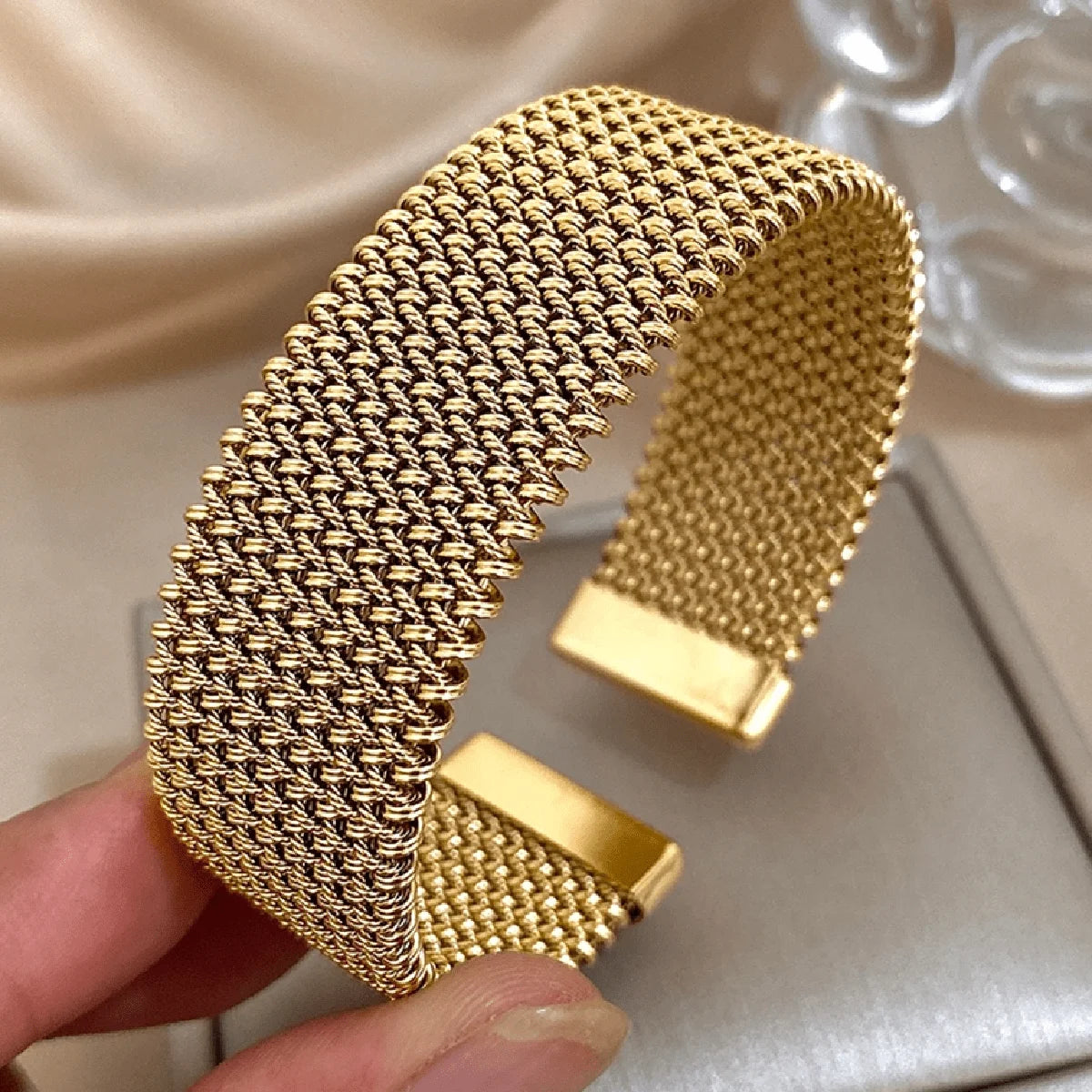 18K Gold Plated Braided Mesh Open Bracelet