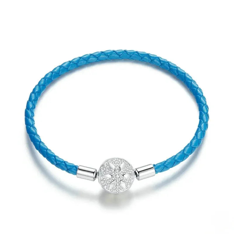925 Sterling Silver Snowflake Clip Blue Leather Charm Bracelet
