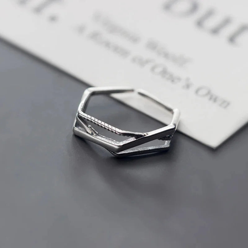 925 Sterling Silver Irregular Geometric Cross Line Ring