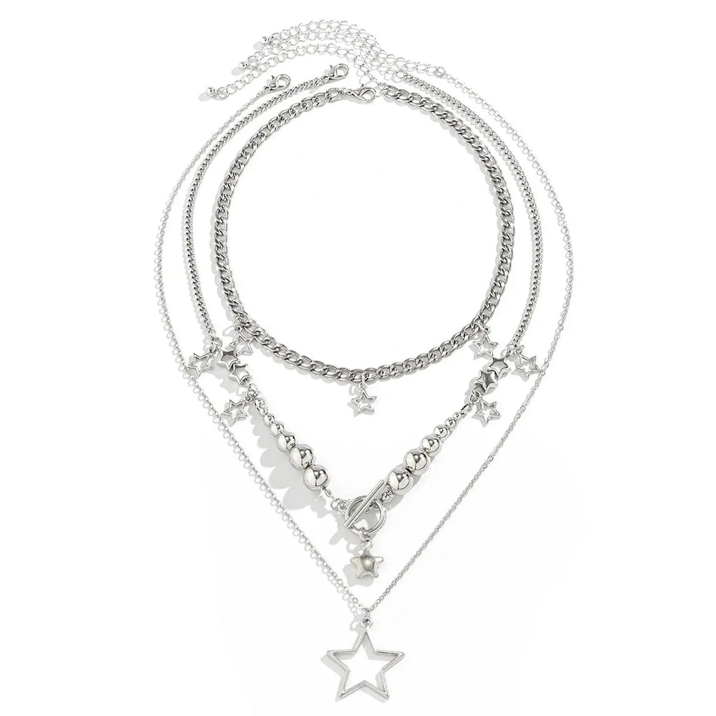 Vintage Silver Star Pendant Choker Necklace Set (3 Pcs)