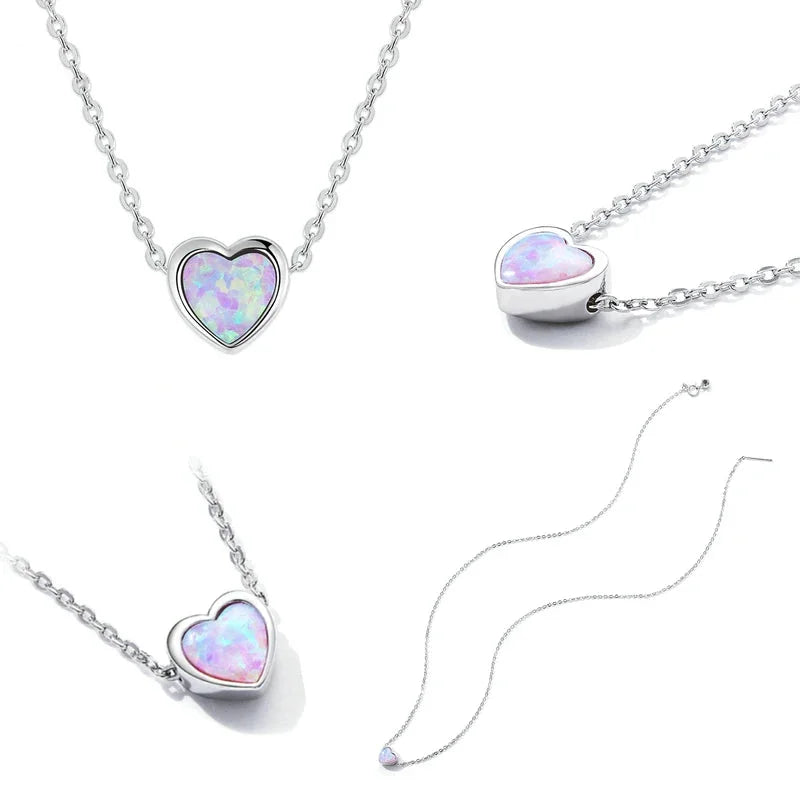 925 Sterling Silver Pink Opal Heart Jewelry Set