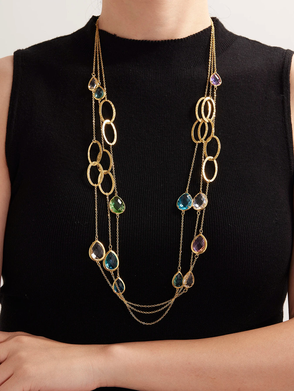 18K Gold Plated Long Sweater Chain Necklace with Faceted Glass Droplet Pendant