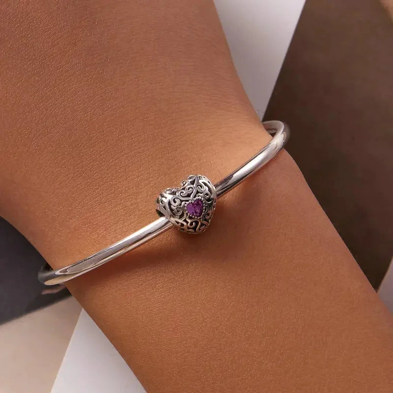 925 Sterling Silver Pink Zircon Vine Heart Charm