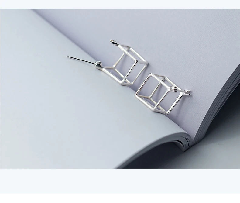 925 Sterling Silver Geometric 3D Square Stud Earrings