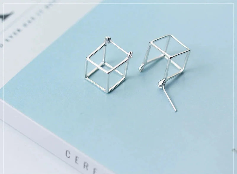 925 Sterling Silver Geometric 3D Square Stud Earrings