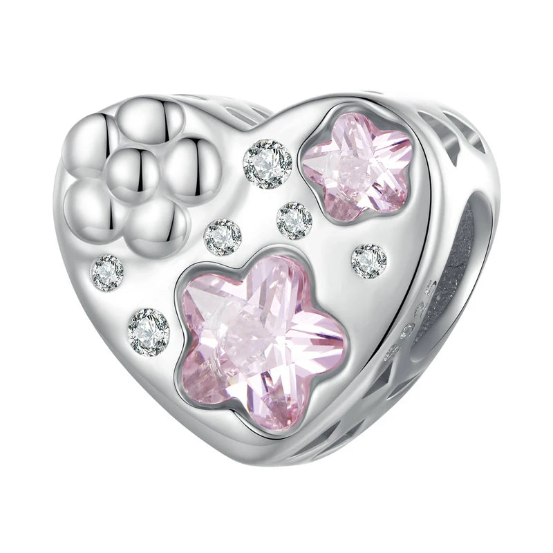 925 Sterling Silver Pink Zircon Vine Heart Charm