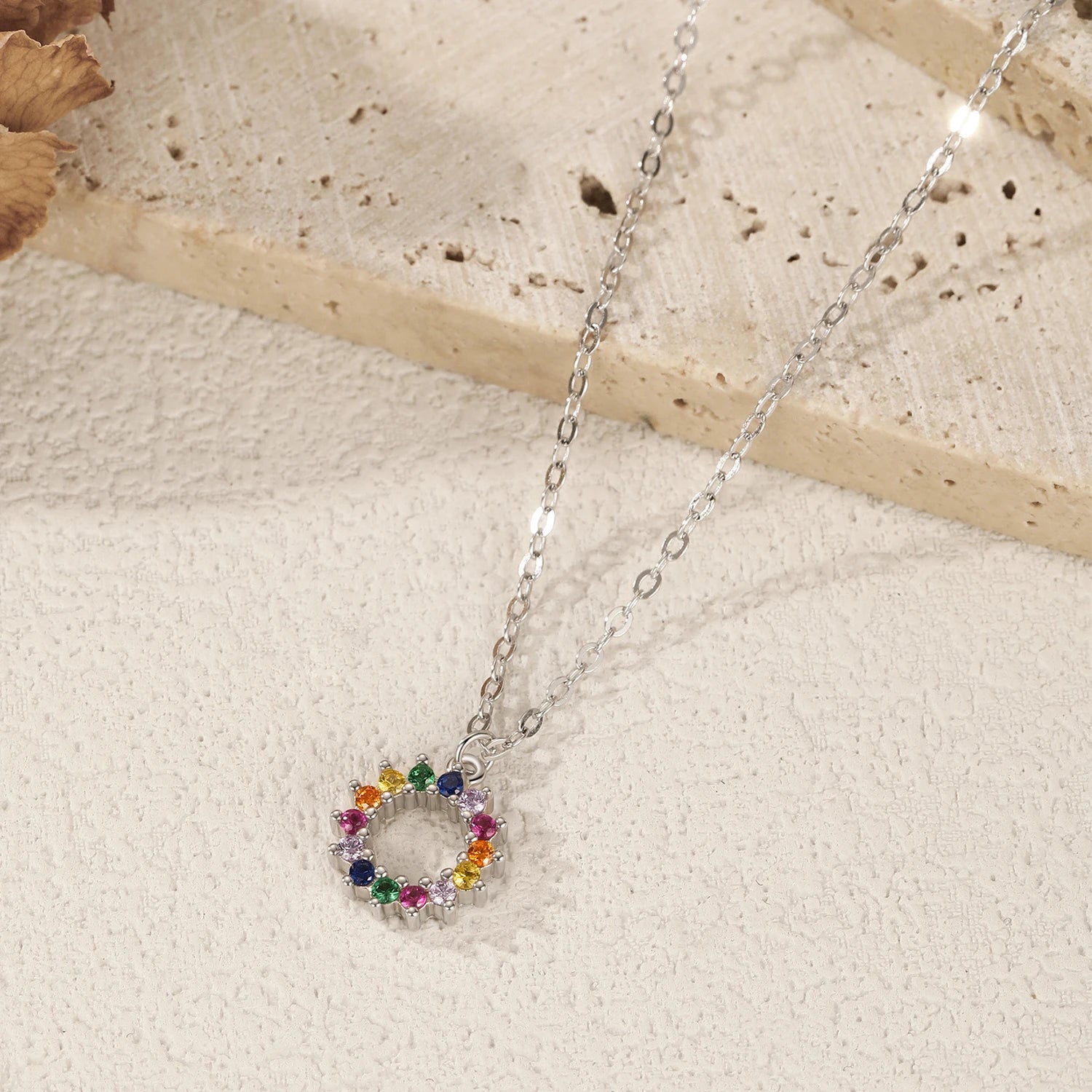 925 Sterling Silver Rainbow Sun CZ Pendant Necklace