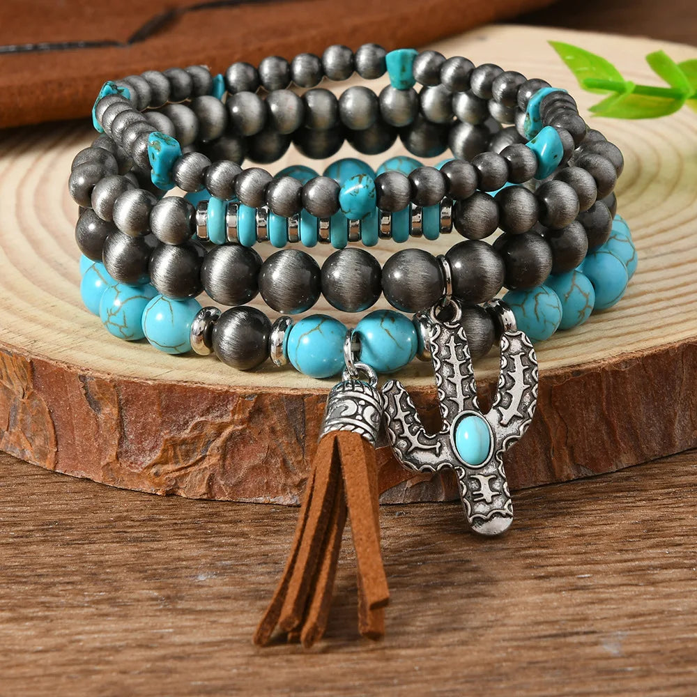Turquoise Beaded Cactus Charm Bracelet Set – Western Boho Style